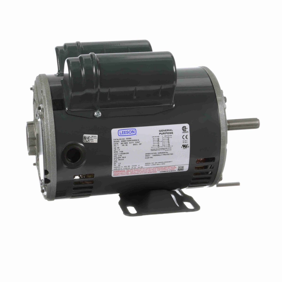 LEESON General Purpose Motor, 1 HP, 1 Ph, 60 Hz, 115/208-230 V, 1800 RPM, 56 Frame, DP - S039A