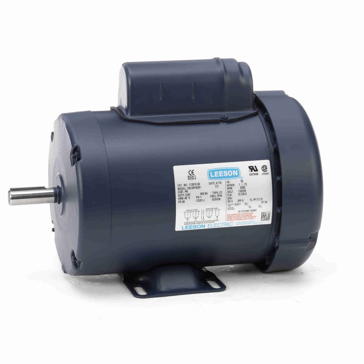 LEESON Special Voltage Motor, 1 HP, 1 Ph, 50 Hz, 110/220 V, 3000 RPM, 56 Frame, TEFC - 113919.00