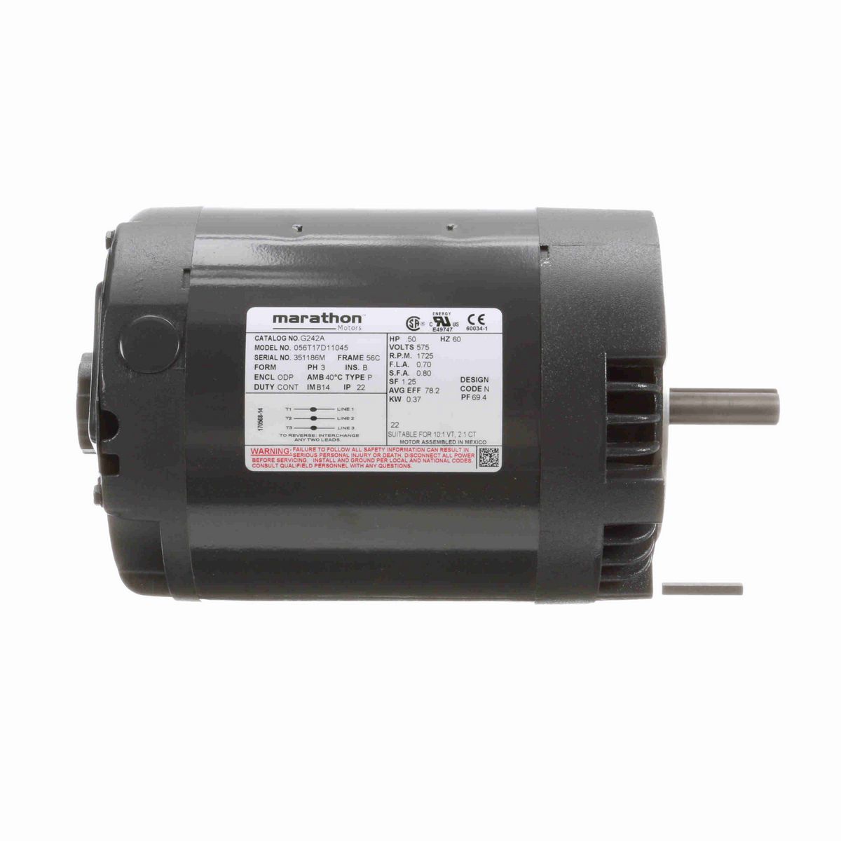 LEESON General Purpose Motor, 0.50 HP, 3 Ph, 60 Hz, 575 V, 1800 RPM, 56C Frame, DP - G242A