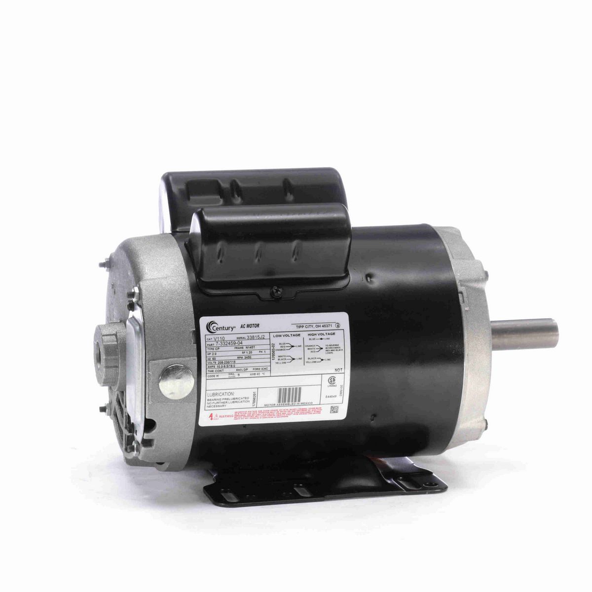 Century General Purpose Motor, 2.0 HP, 1 Ph, 60 Hz, 208-230/115 V, 3600 RPM, N145T Frame, DP - V110
