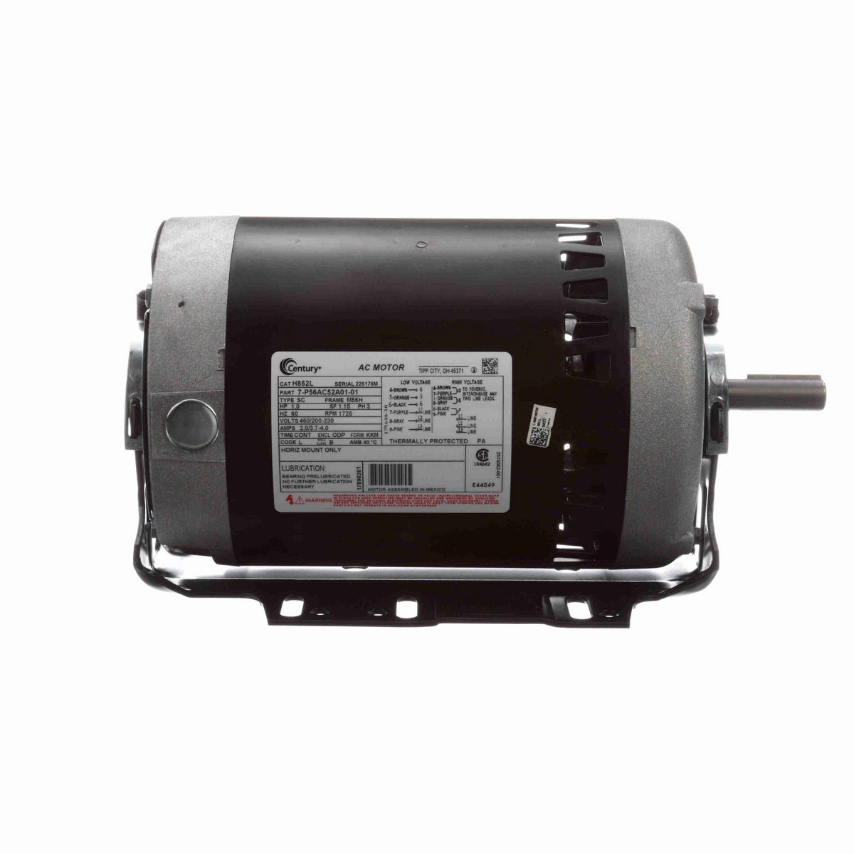 Century Fan and Blower Motor, 1.0 HP, 3 Ph, 60 Hz, 460/200-230 V, 1800 RPM, M56H Frame, ODP - H852L