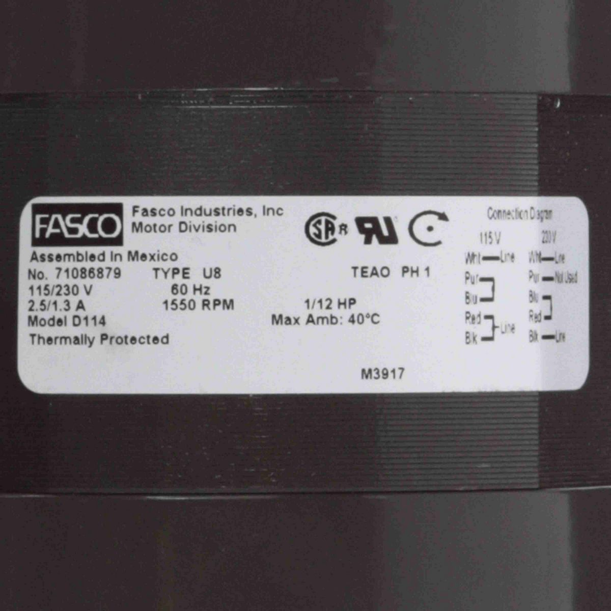 FASCO Fan Coil & Air Conditioner Motor, 1/12 HP, 1 Ph, 60 Hz, 115/230 V, 1550 RPM, 1 Speed, 4.4" Diameter, TEAO - D114