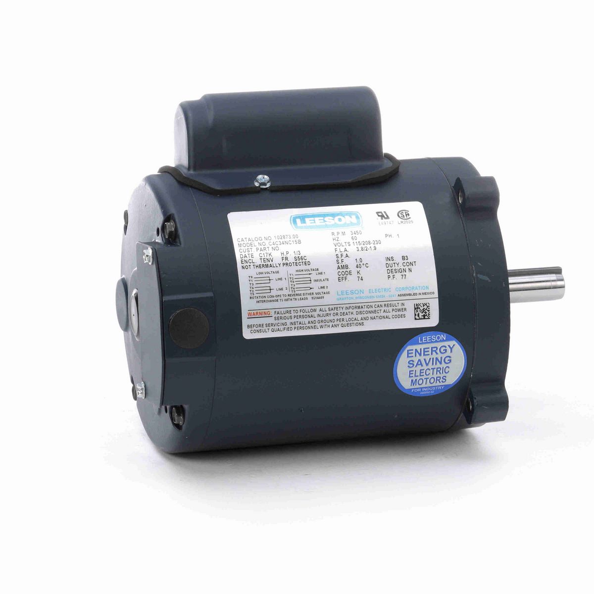 LEESON General Purpose Motor, 0.33 HP, 1 Ph, 60 Hz, 115/230 V, 3600 RPM, 56C Frame, TENV - 102873.00