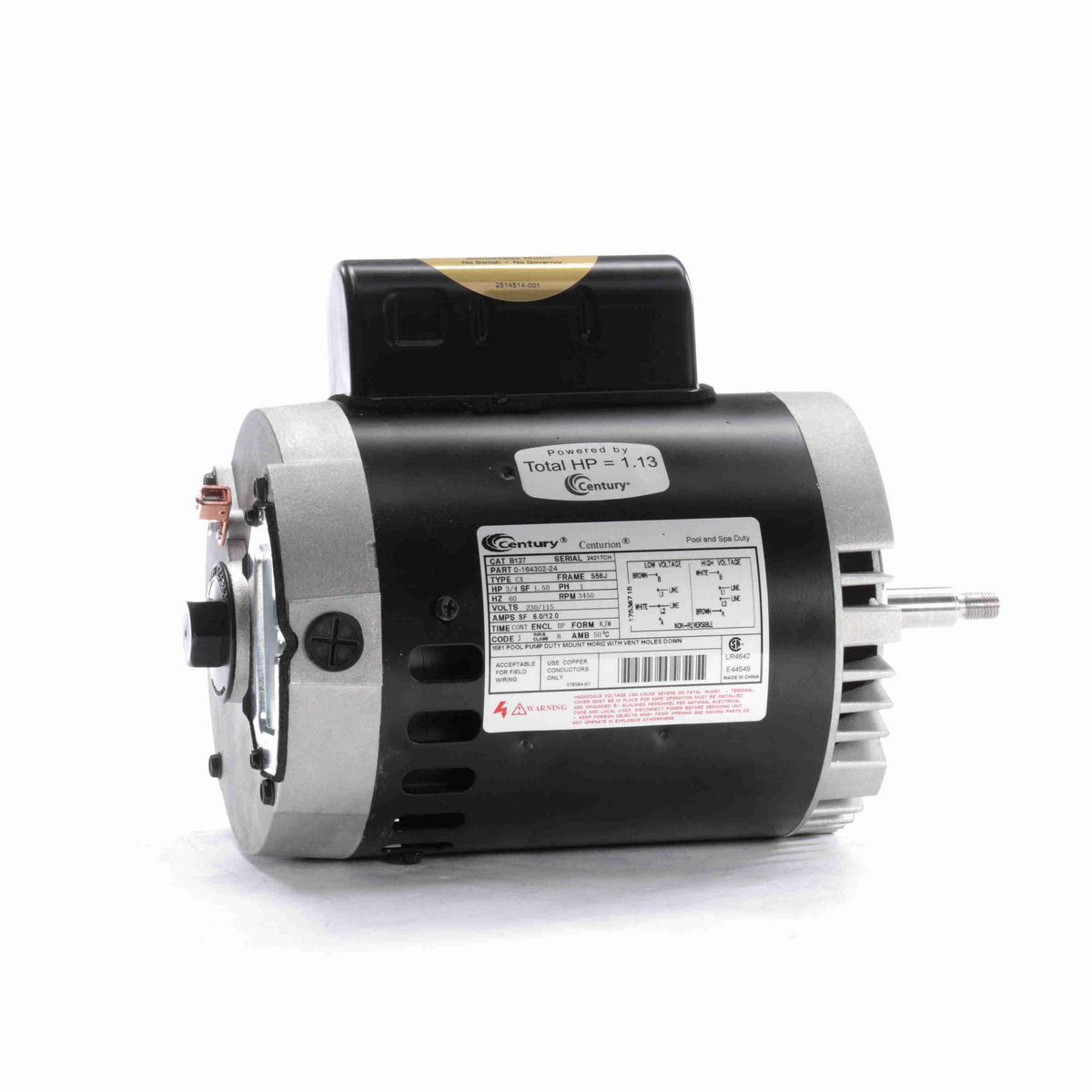 Century Pool Pump Motor, 3/4 HP, 1 Ph, 60 Hz, 230/115 V, 3600 RPM, S56J Frame, DP - B127