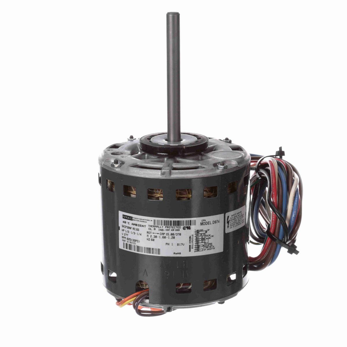 FASCO Fan and Blower Motor, 1/2-1/3-1/4 HP, 1 Ph, 60 Hz, 277 V, 825 RPM, 3 Speed, 48 Frame, OPAO - D974