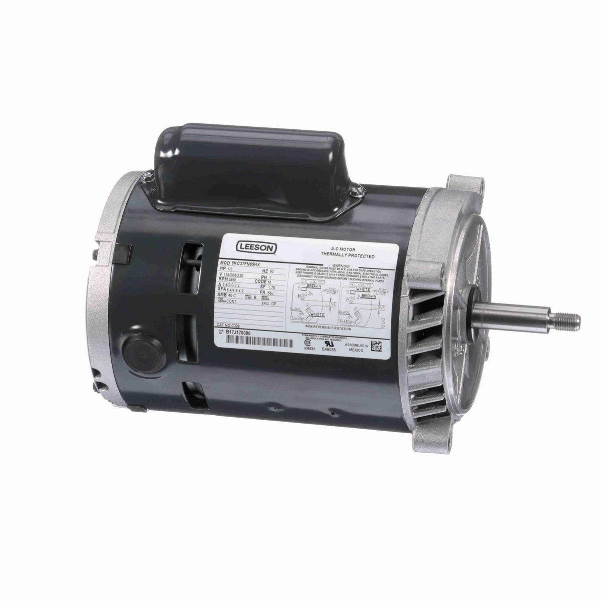 LEESON General Purpose Pump Motor, 0.33 HP, 1 Ph, 60 Hz, 115/208-230 V, 3600 RPM, 56J Frame, DP - C329
