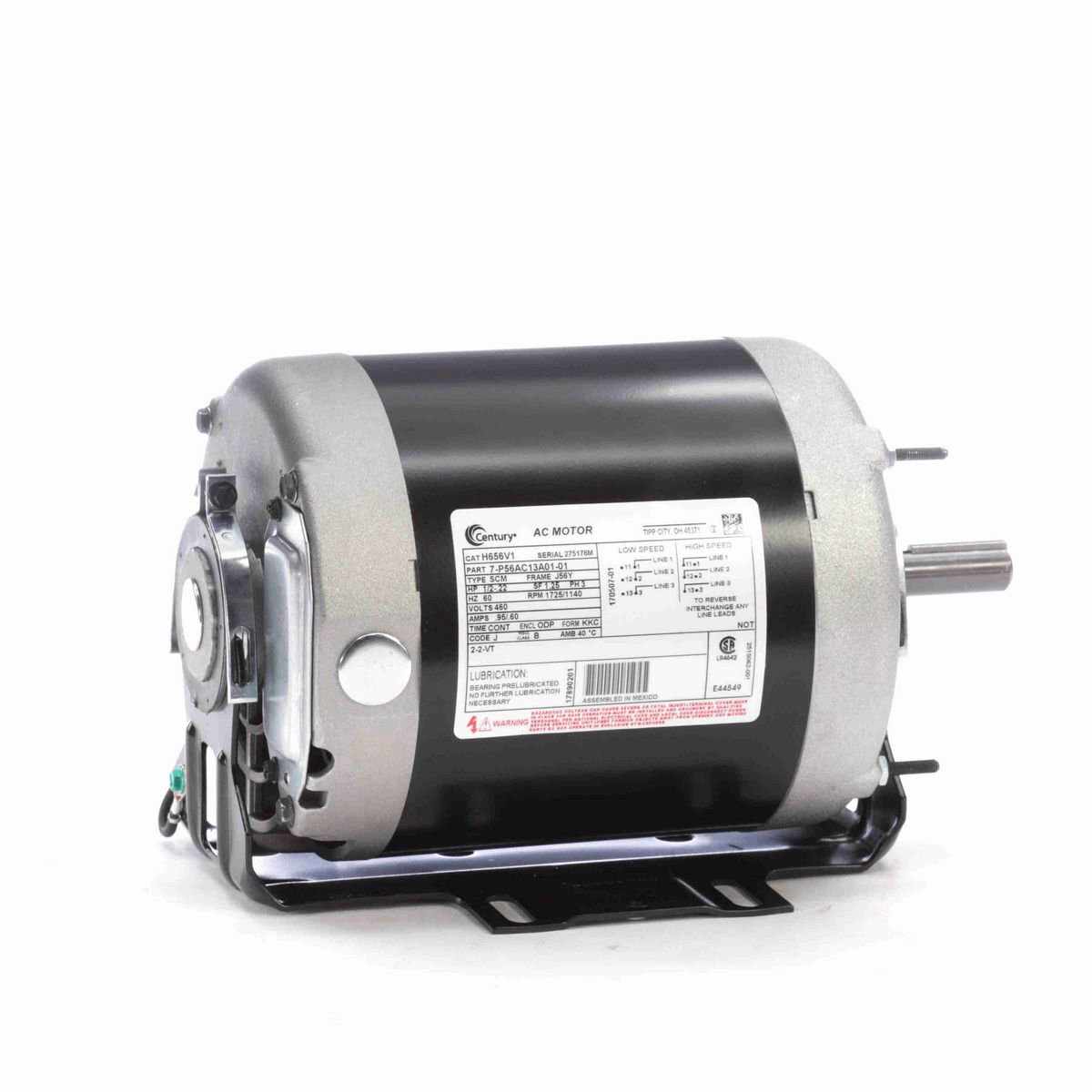 Century Fan and Blower Motor, 1/2-.22 HP, 3 Ph, 60 Hz, 460 V, 1800 RPM, J56Y Frame, ODP - H656V1