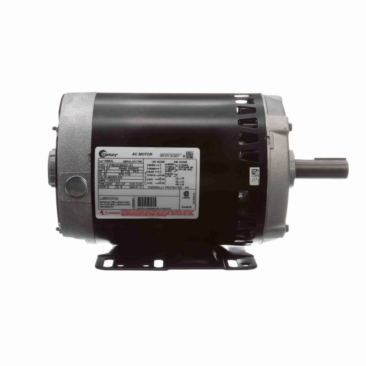 Century General Purpose Motor, 1.0 HP, 3 Ph, 60 Hz, 460/200-230 V, 1800 RPM, MA56HZ Frame, DP - H883L