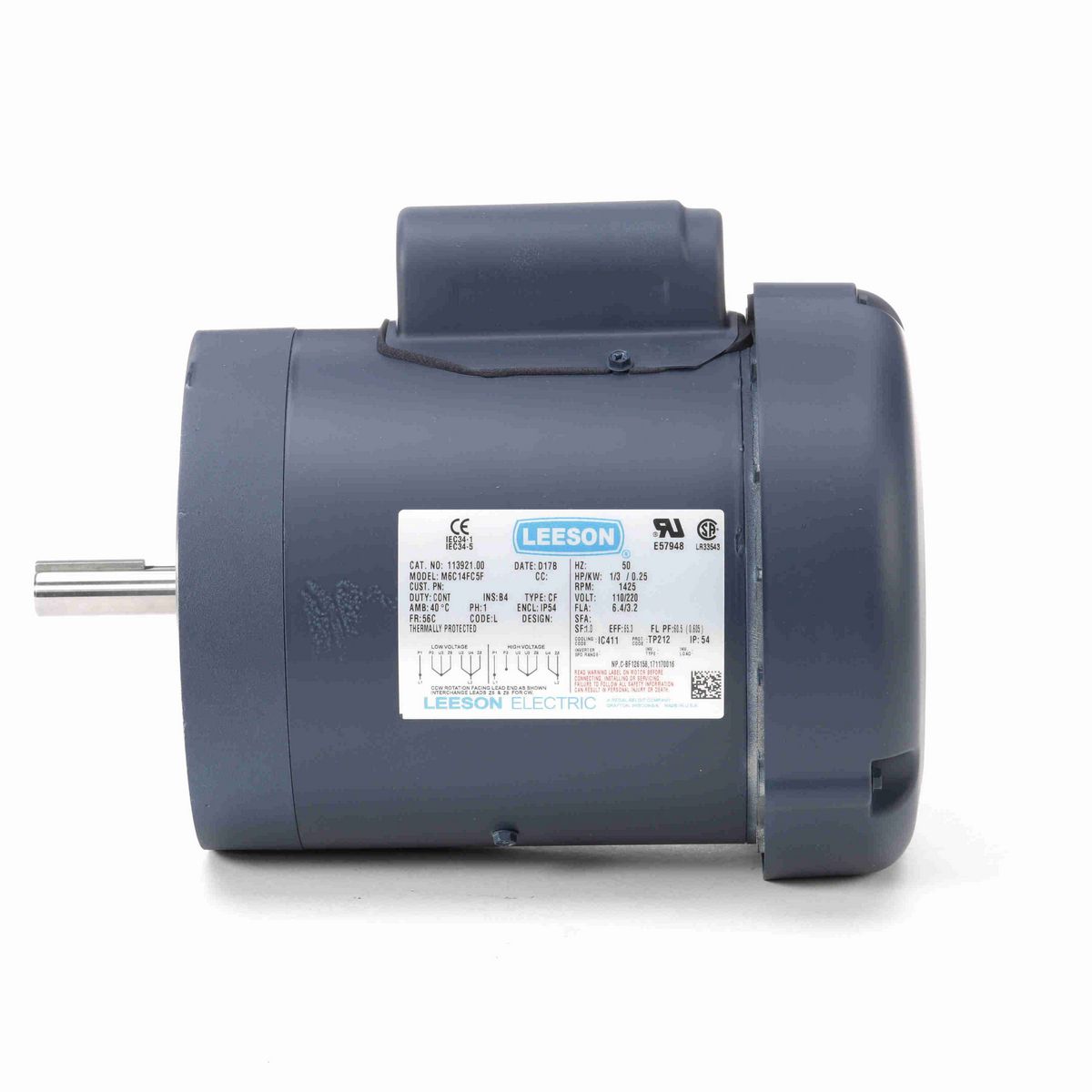 LEESON Special Voltage Motor, 0.33 HP, 1 Ph, 50 Hz, 110/220 V, 1500 RPM, 56C Frame, TEFC - 113921.00