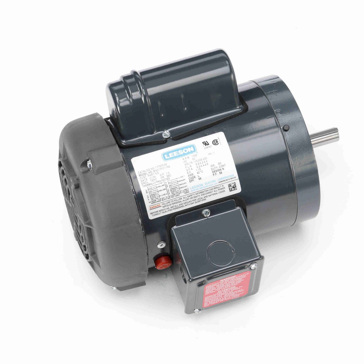 LEESON Agricultural Motor, 0.50 HP, 1 Ph, 60 Hz, 115/208-230 V, 1800 RPM, 56C Frame, TEFC - 117879.00