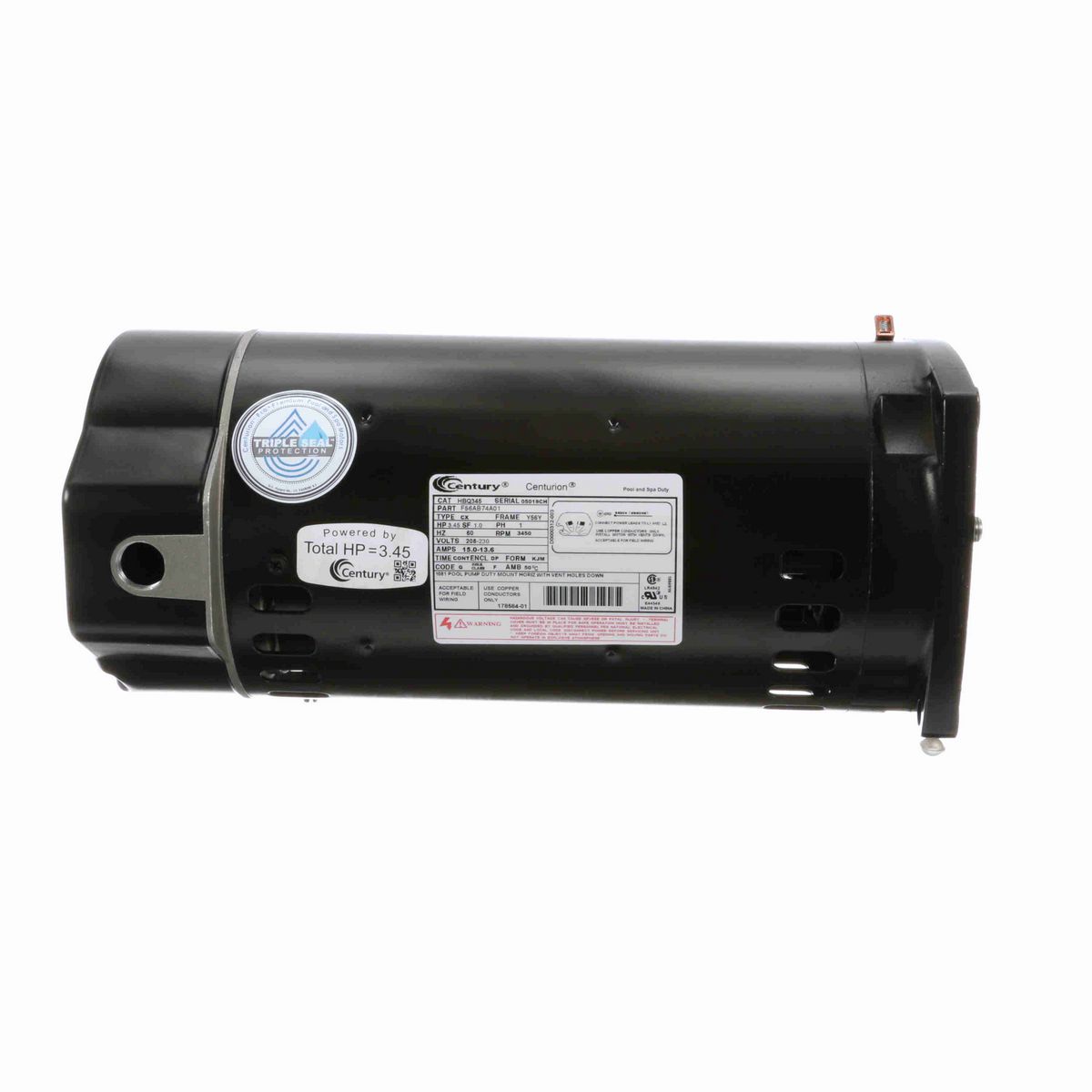 Century Pool Pump Motor, 3.45 HP, 1 Ph, 60 Hz, 208-230 V, 3600 RPM, Y56Y Frame, DP - HBQ345
