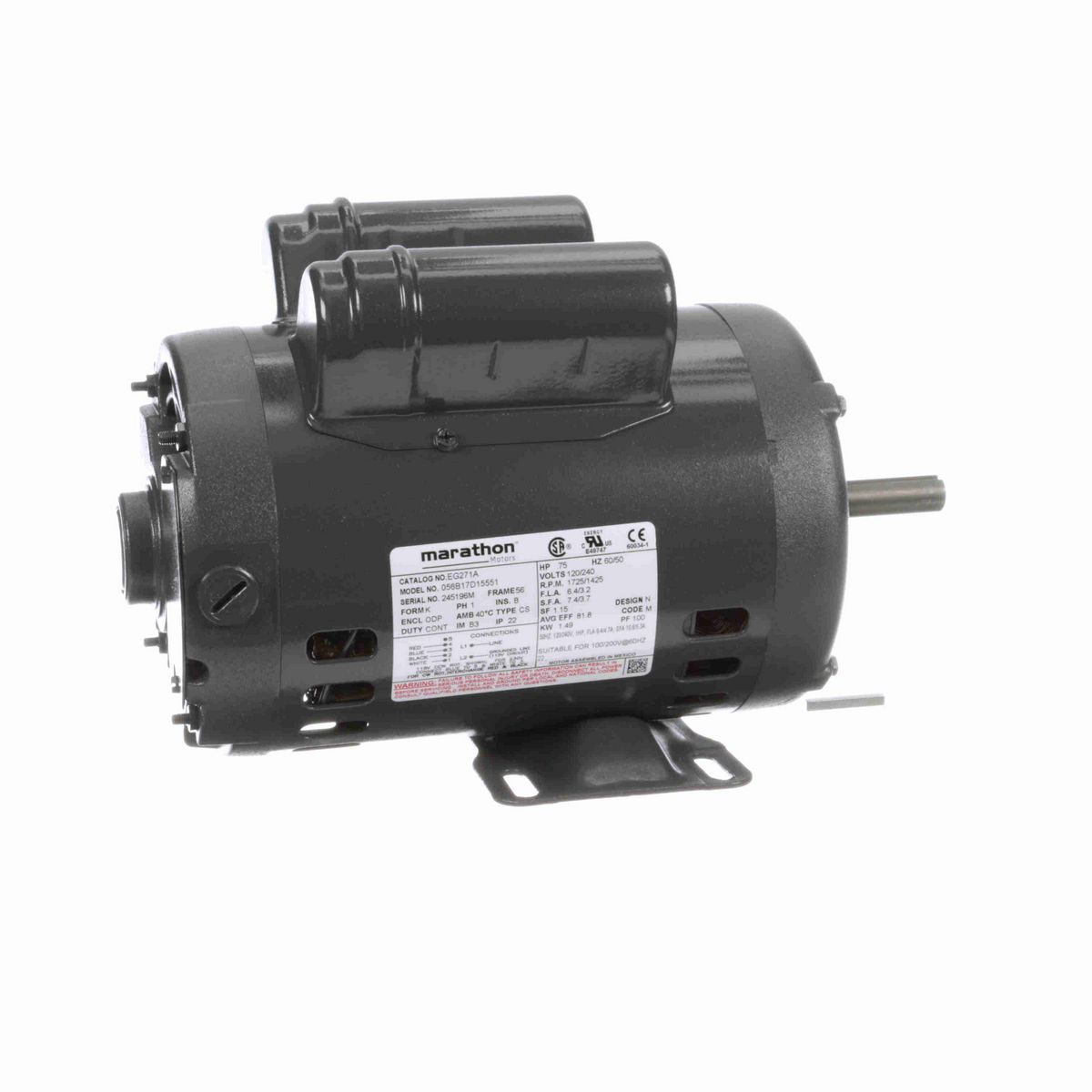 LEESON General Purpose Motor, 0.75 & 0.75 HP, 1 Ph, 60 & 50 Hz, 120/240 & 120/240 V, 1800 & 1500 RPM, 56 Frame, DP - EG271A