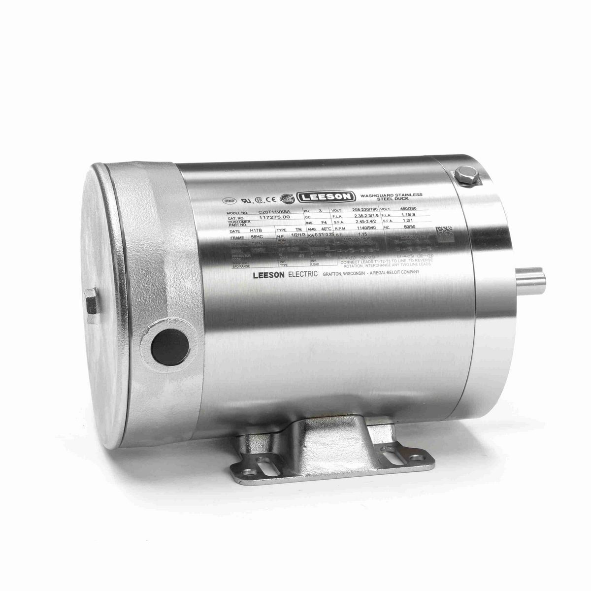 LEESON Premium Duck™ General Purpose Motor, 0.50 & 0.33 HP, 3 Ph, 60 & 50 Hz, 230/460 & 190/380 V, 1200 & 1000 RPM, 56HC Frame, TENV - 117275.00