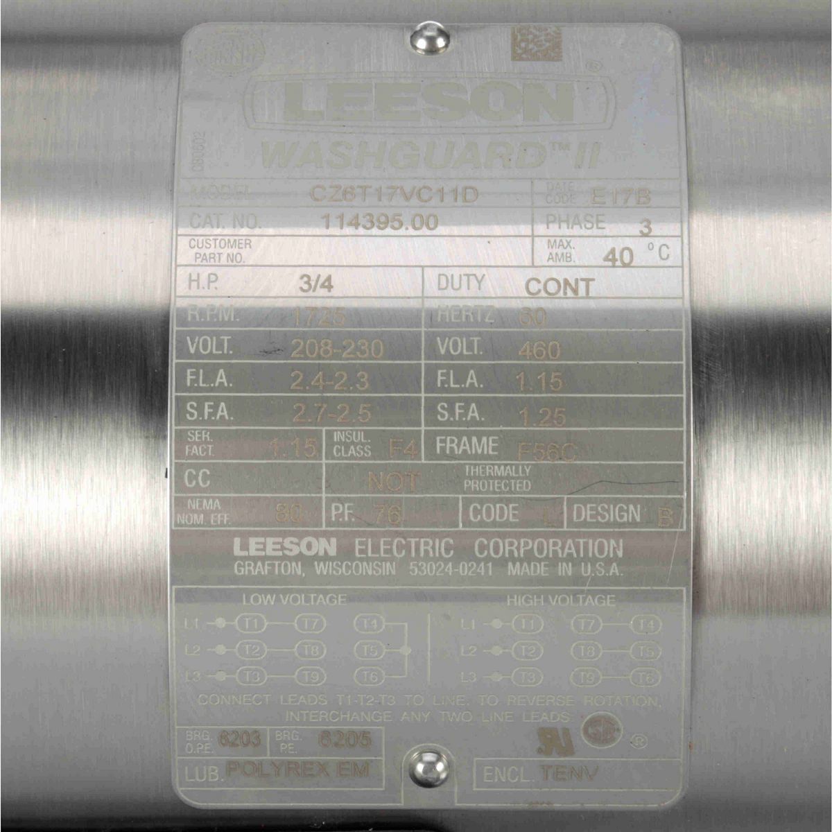 LEESON Washguard® ll General Purpose Motor, 0.75 HP, 3 Ph, 60 Hz, 230/460 V, 1800 RPM, 56C Frame, TENV - 114395.00