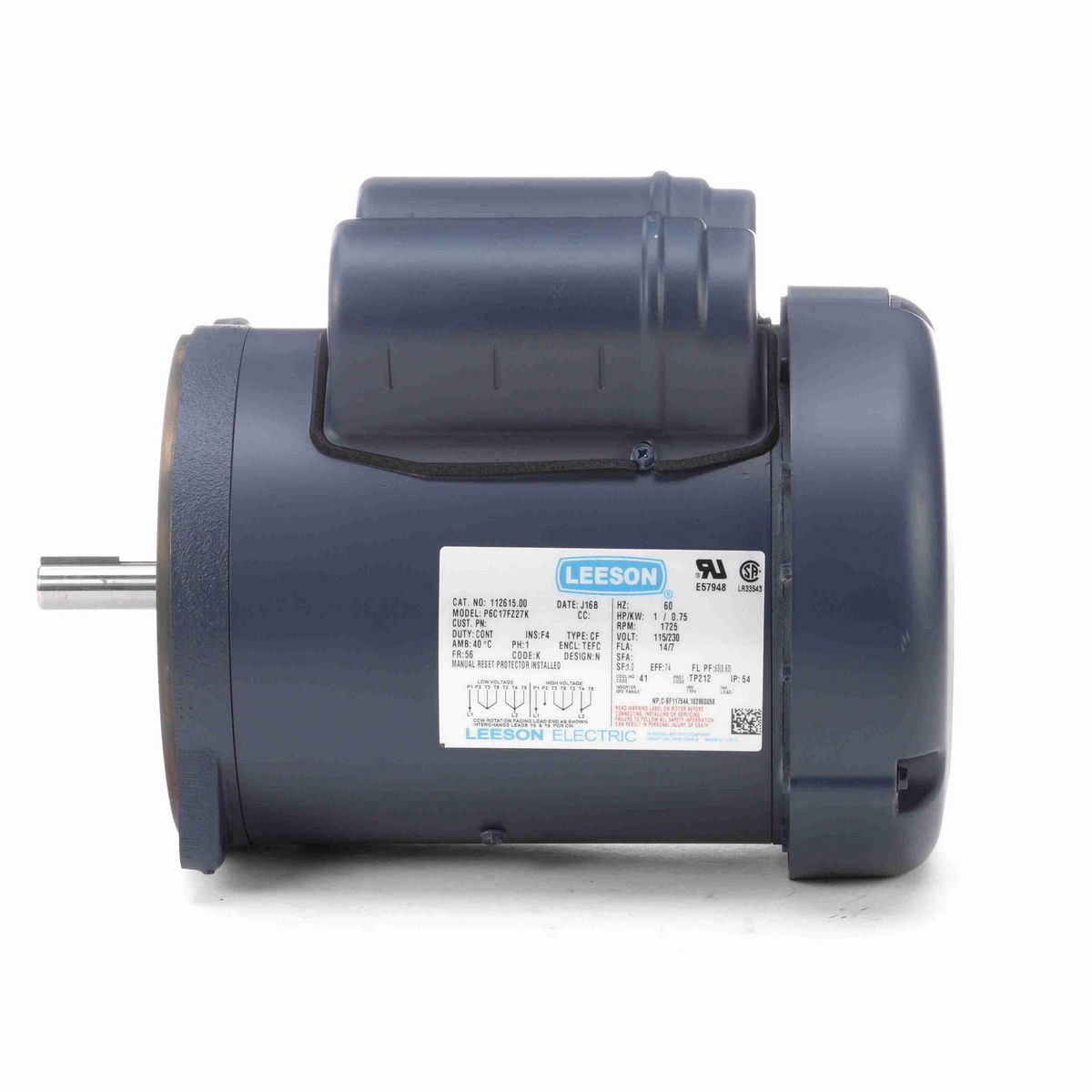 LEESON Auger Drive Motor, 1 HP, 1 Ph, 60 Hz, 115/230 V, 1800 RPM, 56 Frame, TEFC - 112615.00