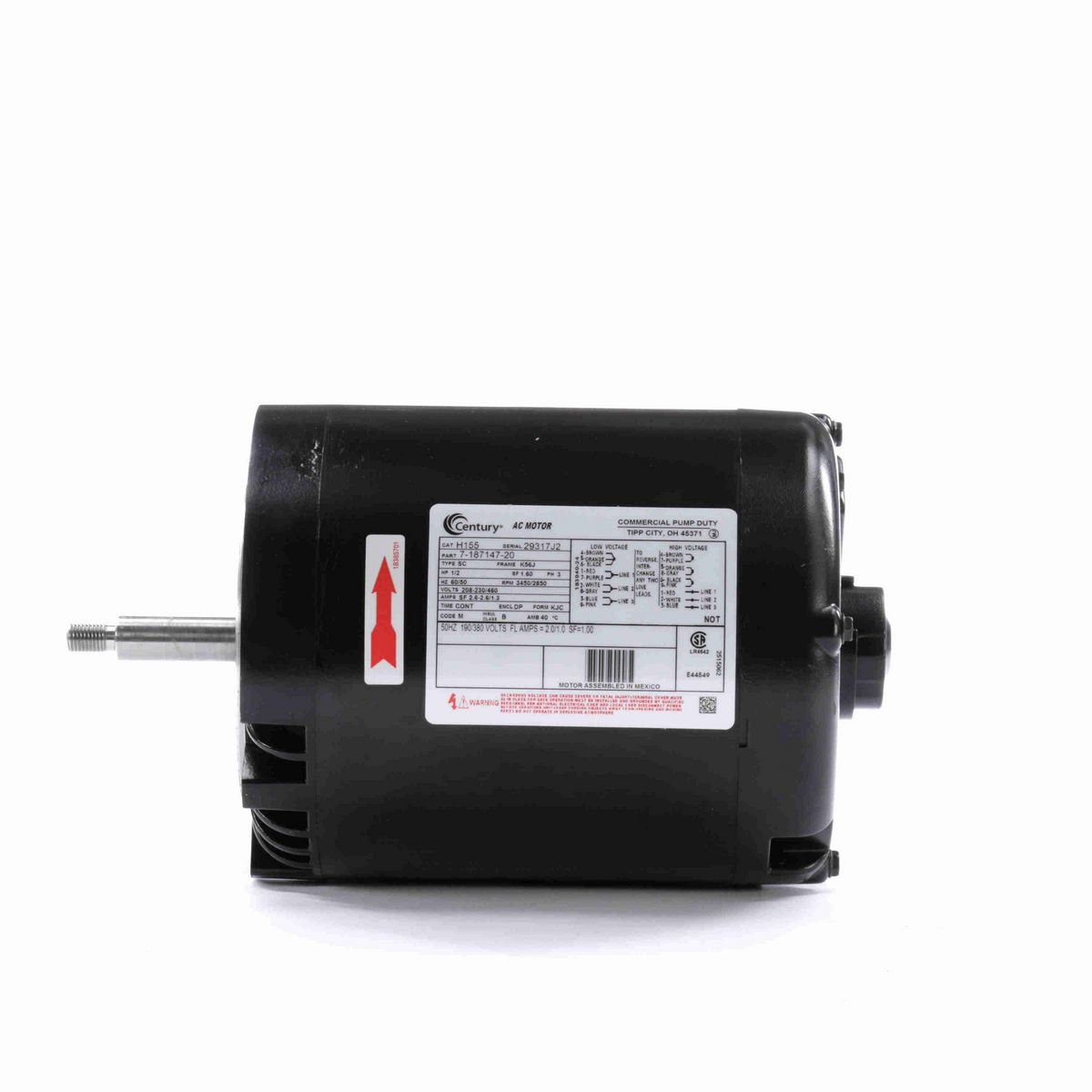 Century General Purpose Pump Motor, 1/2 HP, 3 Ph, 60 Hz, 208-230/460 V, 3600 RPM, K56J Frame, DP - H155