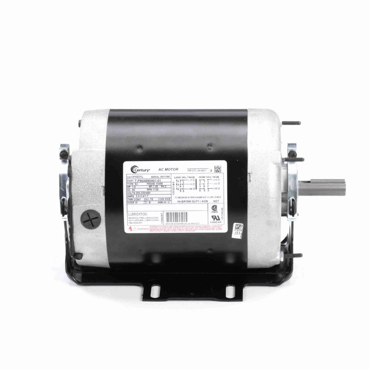 Century General Purpose Motor, 1.0 HP, 3 Ph, 60 Hz, 200-230/460 V, 1800 RPM, KA56 Frame, TEAO - H1031L
