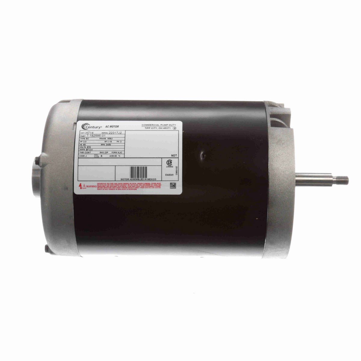 Century General Purpose Pump Motor, 3.45 HP, 3 Ph, 60 Hz, 575 V, 3600 RPM, N56J Frame, DP - H714