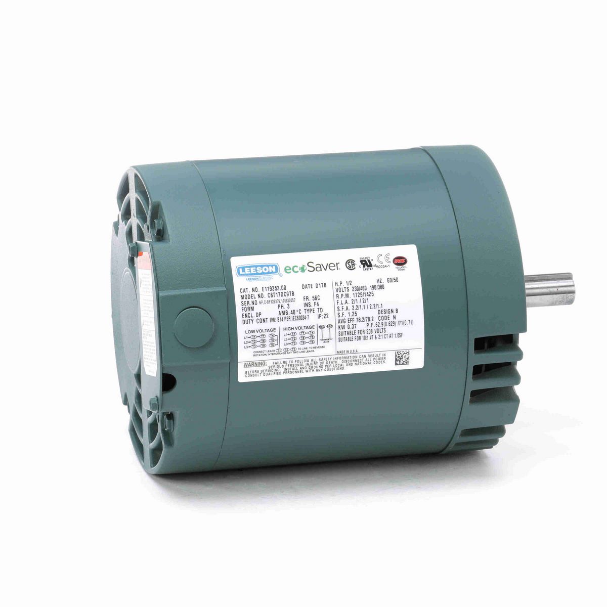 LEESON ecoSaver™ General Purpose Motor, 0.50 & 0.50 HP, 3 Ph, 60 & 50 Hz, 230/460 & 190/380 V, 1800 & 1500 RPM, 56C Frame, DP - E119352.00