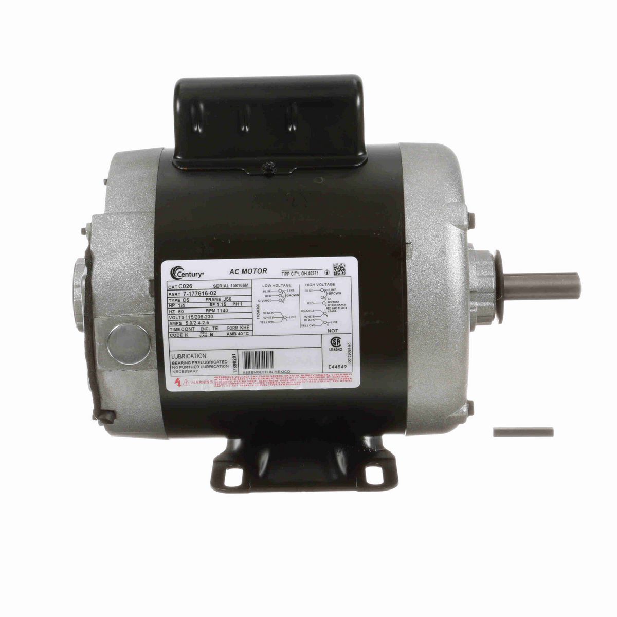 Century General Purpose Farm Duty Motor, 1/4 HP, 1 Ph, 60 Hz, 115/208-230 V, 1200 RPM, J56 Frame, TENV - C026