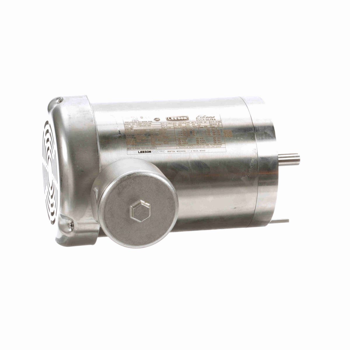 LEESON Extreme Duck® Ultra General Purpose Motor, 1.50 & 1 HP, 3 Ph, 60 & 50 Hz, 230/460 & 190/380 V, 1800 & 1500 RPM, 56C Frame, TEFC - 119520.00