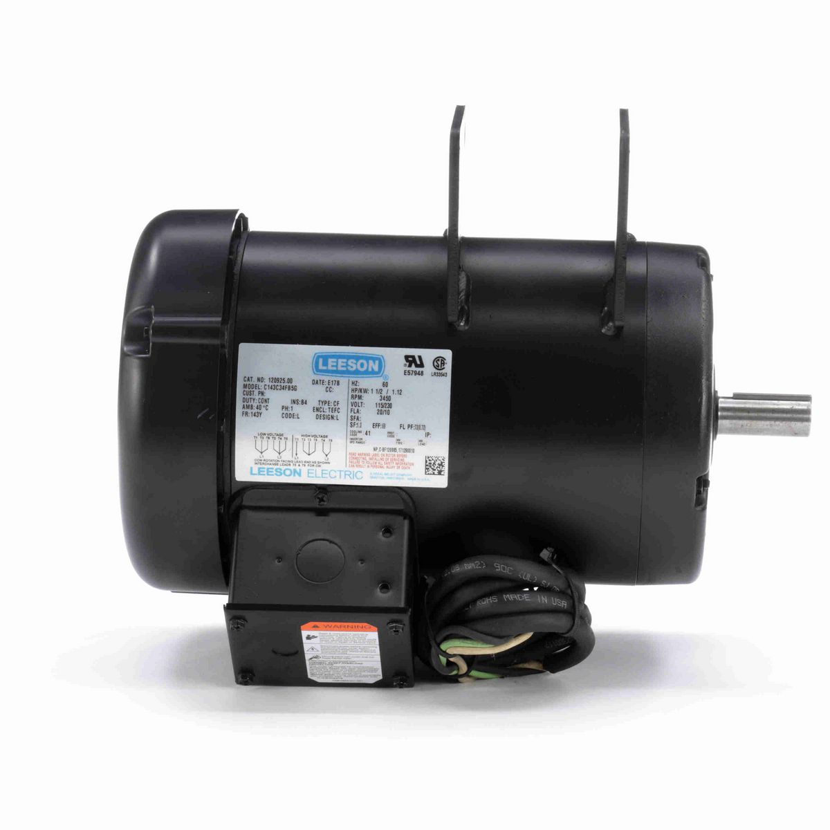 LEESON Other Purpose Motor, 1.50 HP, 1 Ph, 60 Hz, 115/230 V, 3600 RPM, 143Y Frame, TEFC - 120925.00