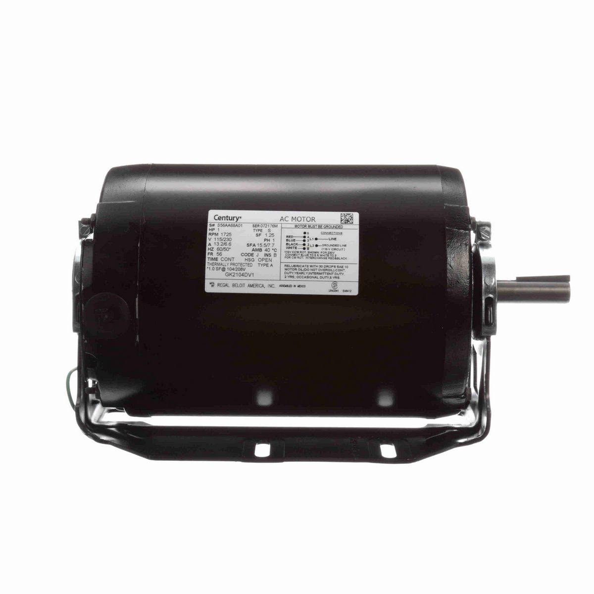 Century Fan and Blower Motor, 1 HP, 1 Ph, 60/50* Hz, 115/230 V, 1800 RPM, 56 Frame, OPEN - GK2104DV1