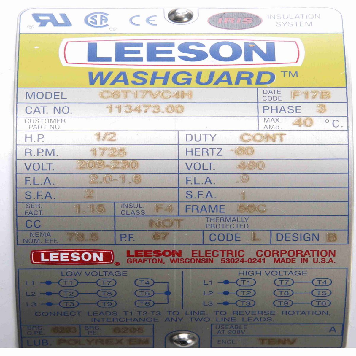 LEESON White Duck™ General Purpose Motor, 0.50 HP, 3 Ph, 60 Hz, 230/460 V, 1800 RPM, 56C Frame, TENV - 113473.00