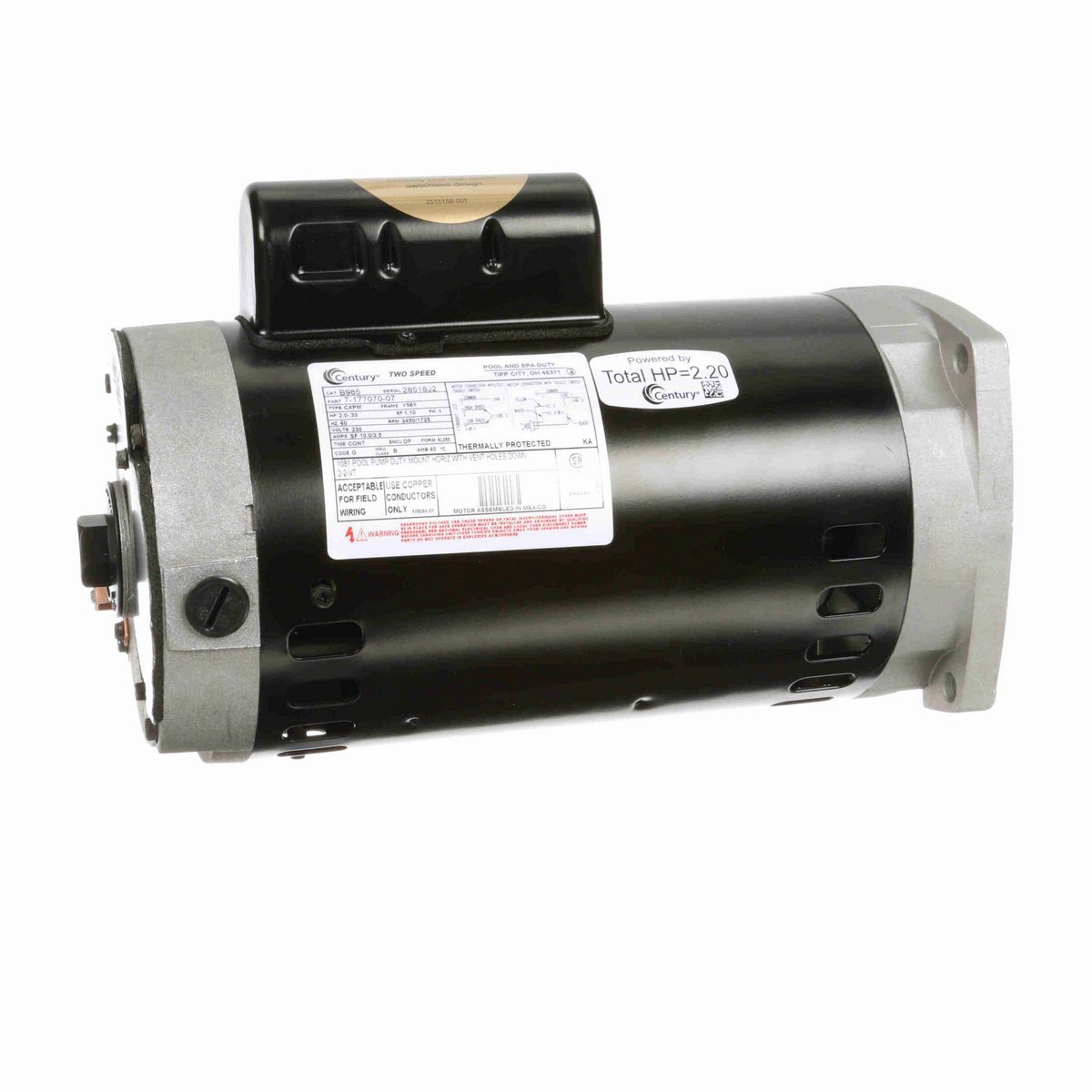Century Pool Pump Motor, 2.0-.33 HP, 1 Ph, 60 Hz, 230 V, 3600 RPM, Y56Y Frame, DP - B985