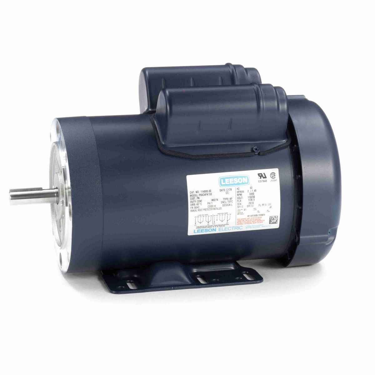 LEESON General Purpose Motor, 2 HP, 1 Ph, 60 Hz, 115/230 V, 3600 RPM, 56HC Frame, TEFC - 114995.00