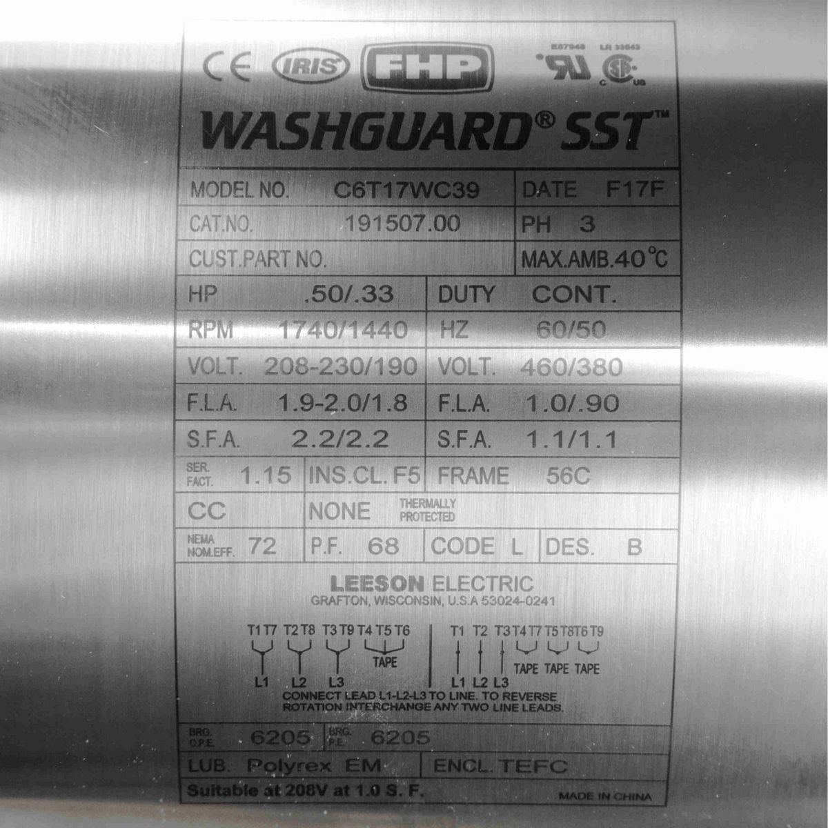 LEESON SST Duck™ General Purpose Motor, 0.50 & 0.33 HP, 3 Ph, 60 & 50 Hz, 230/460 & 190/380 V, 1800 & 1500 RPM, 56C Frame, TEFC - 191507.00