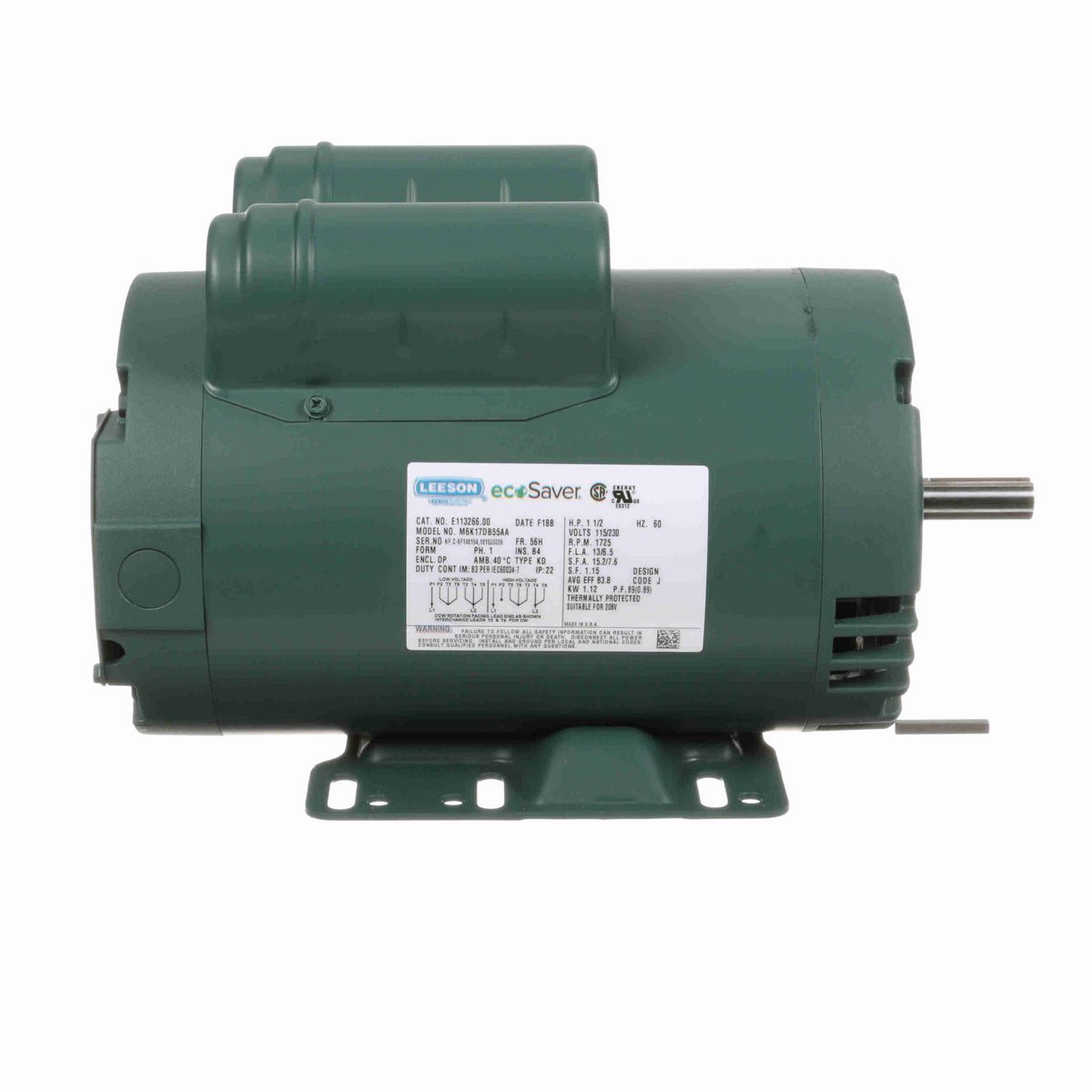 LEESON ecoSaver™ General Purpose Motor, 1.50 HP, 1 Ph, 60 Hz, 115/230 V, 1800 RPM, 56H Frame, DP - E113266.00