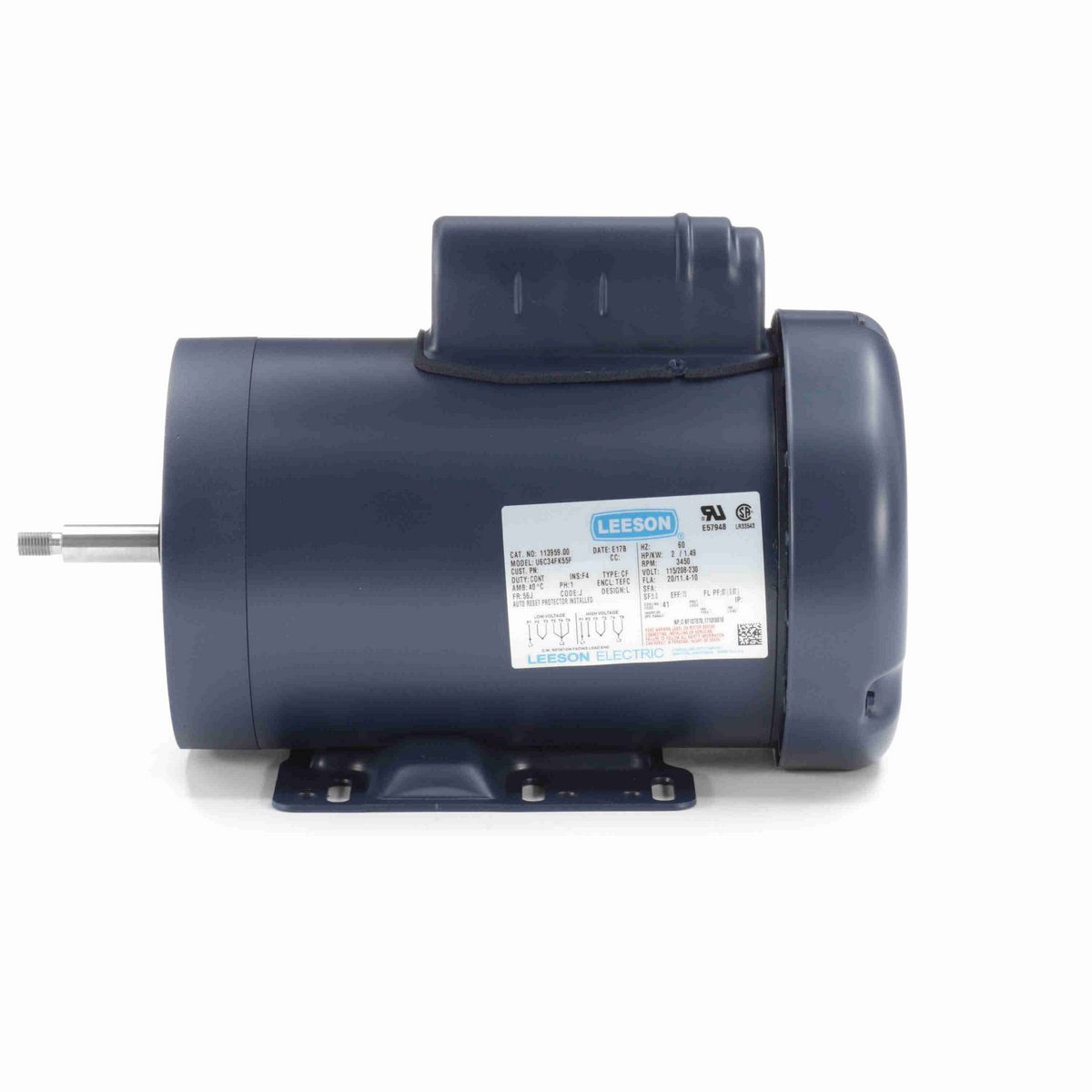 LEESON Jet Pump Motor, 2 HP, 1 Ph, 60 Hz, 115/230 V, 3600 RPM, 56J Frame, TEFC - 113959.00
