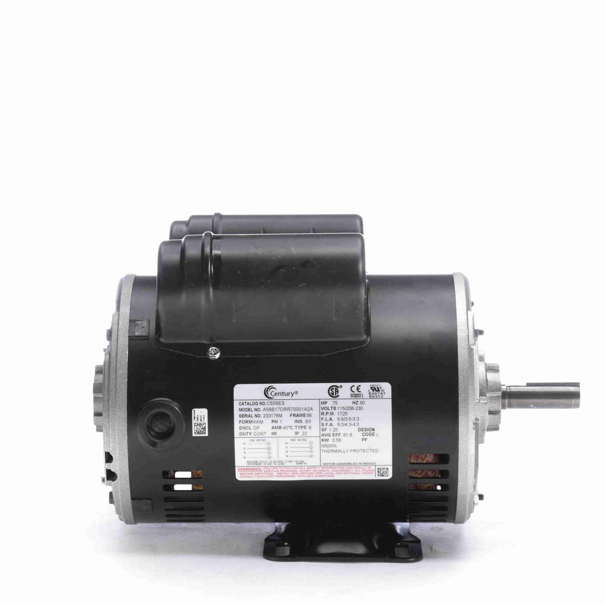Century General Purpose Motor, .75 HP, 1 Ph, 60 Hz, 115/208-230 V, 1800 RPM, 56 Frame, DP - C658ES