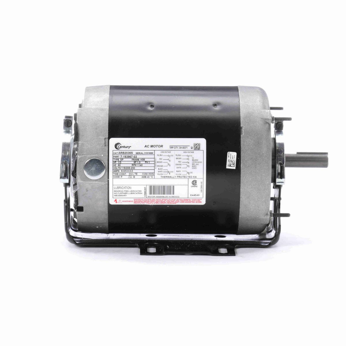 Century Fan and Blower Motor, 1/3 HP, 1 Ph, 60 Hz, 115/208-230 V, 1200 RPM, K56 Frame, TEAO - ARB2036S