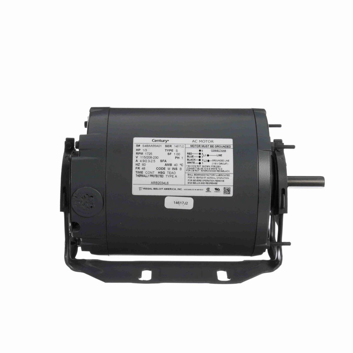 Century Fan and Blower Motor, 1/3 HP, 1 Ph, 60 Hz, 115/208-230 V, 1800 RPM, 48 Frame, TEAO - ARB2034L6