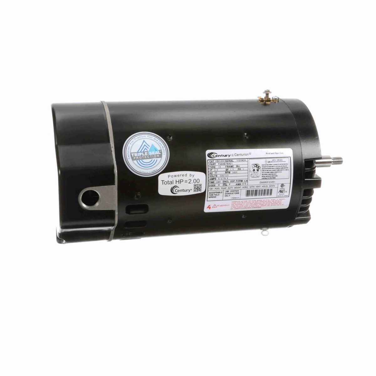 Century Pool Pump Motor, 2.0 HP, 1 Ph, 60 Hz, 230/115 V, 3600 RPM, P56J Frame, ODP - HBC200