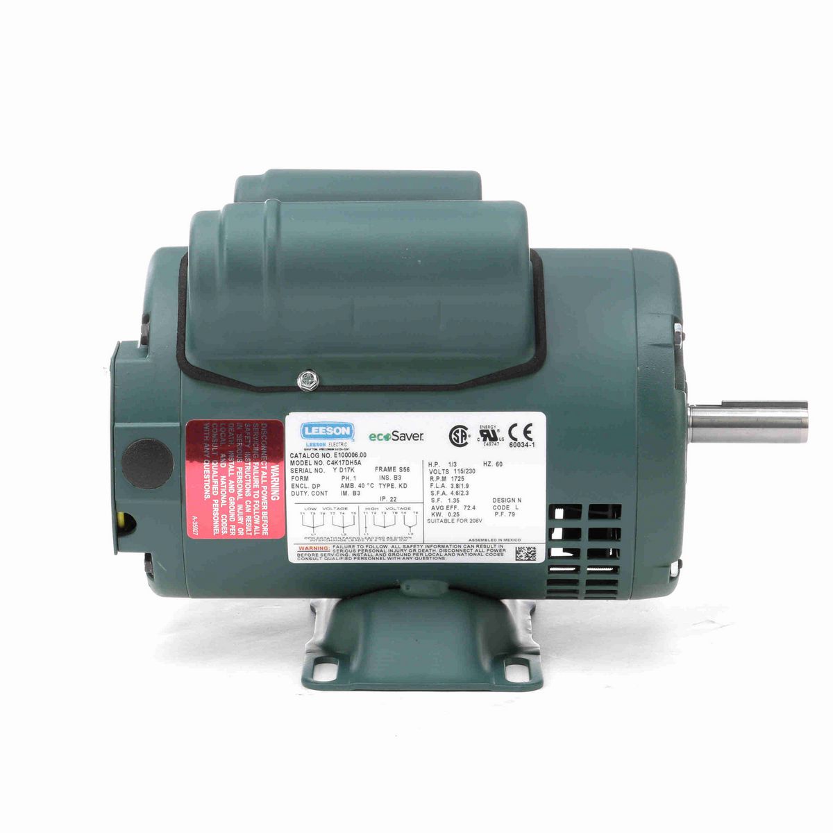 LEESON ecoSaver™ General Purpose Motor, 0.33 HP, 1 Ph, 60 Hz, 115/230 V, 1800 RPM, S56 Frame, DP - E100006.00