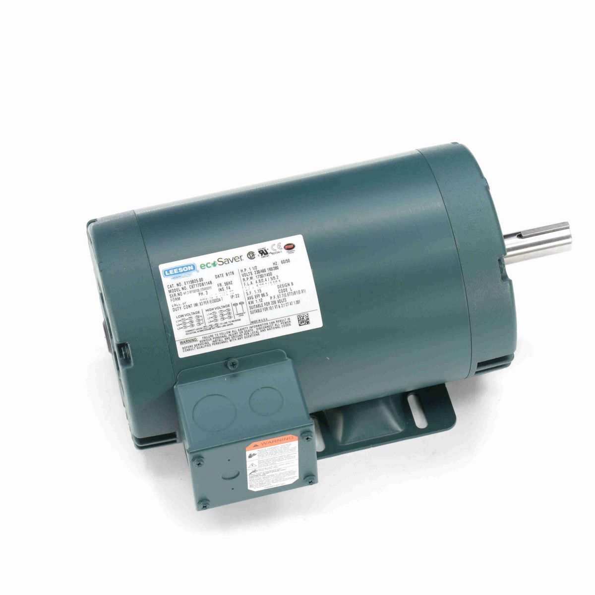 LEESON ecoSaver™ General Purpose Motor, 1.50 & 1.50 HP, 3 Ph, 60 & 50 Hz, 230/460 & 190/380 V, 1800 & 1500 RPM, 56HZ Frame, DP - E115825.00