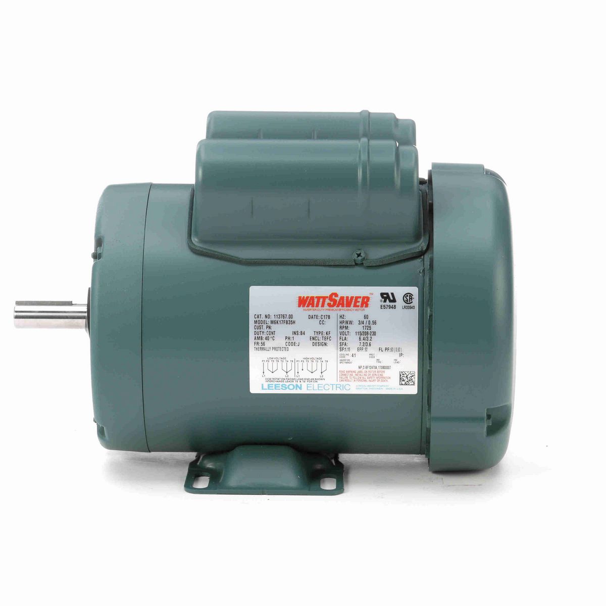 LEESON WATTSAVER® General Purpose Motor, 0.75 HP, 1 Ph, 60 Hz, 115/230 V, 1800 RPM, 56 Frame, TEFC - 113767.00