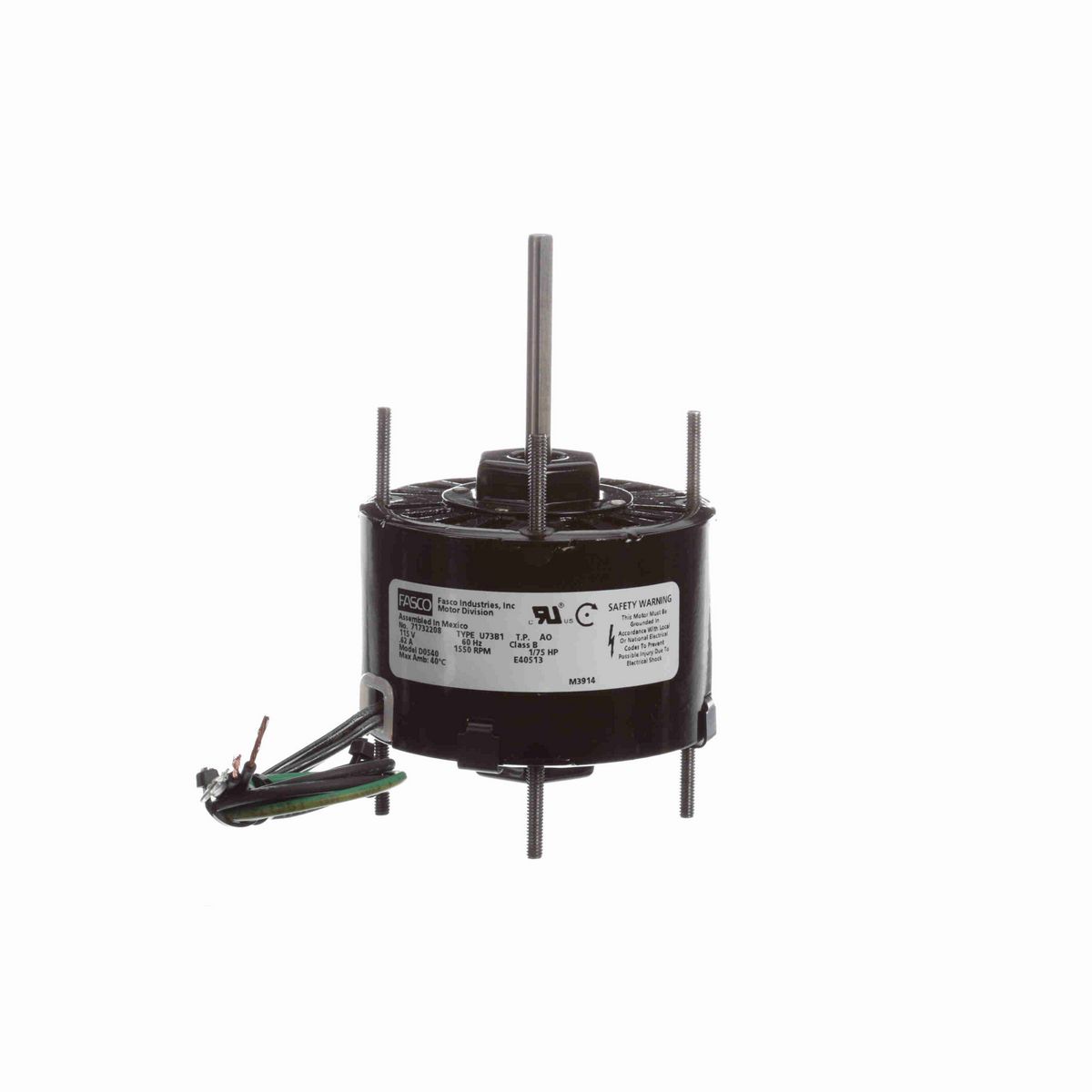 FASCO Ventilation Motor, 1/75 HP, 1 Ph, 60 Hz, 115 V, 1550 RPM, 1 Speed, 3.3" Diameter, OAO - D0540