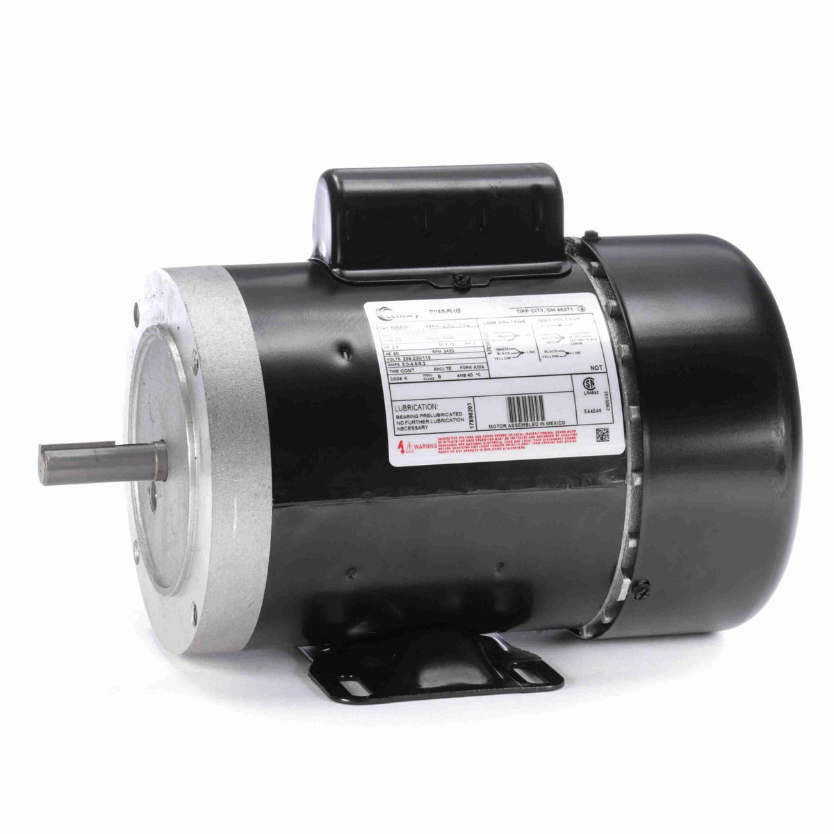 Century General Purpose Motor, 3/4 HP, 1 Ph, 60 Hz, 208-230/115 V, 3600 RPM, G56C Frame, TEFC - B889
