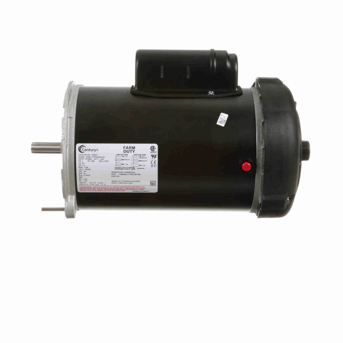 Century Auger Drive Motor, 1.0 HP, 1 Ph, 60 Hz, 115/230 V, 1800 RPM, 56N Frame, TEFC - C333V1