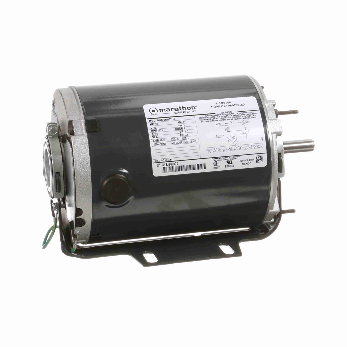 LEESON General Purpose Farm Duty Motor, 0.33 HP, 1 Ph, 60 Hz, 230 V, 1800 RPM, 48 Frame, TENV - HG141