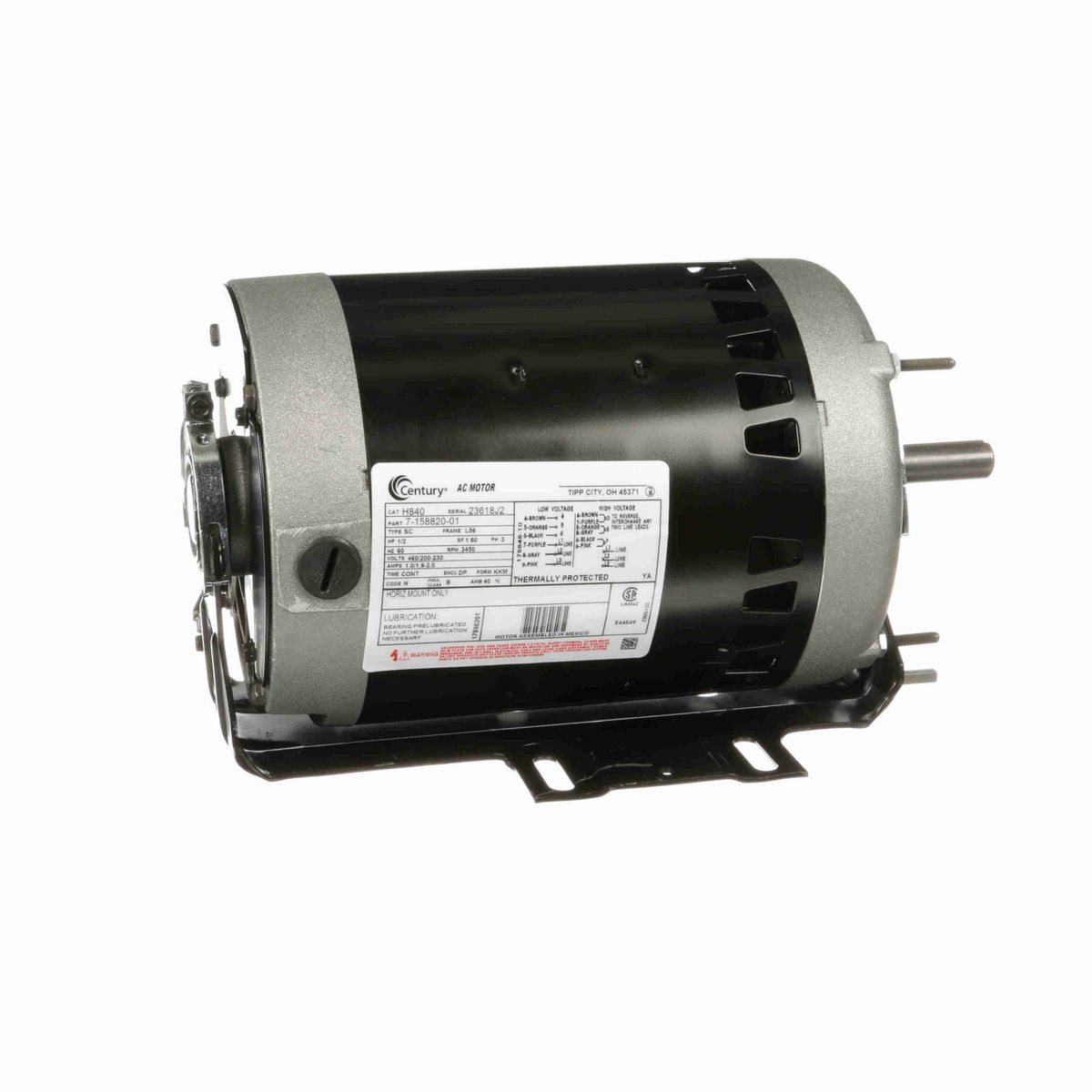 Century General Purpose Motor, 1/2 HP, 3 Ph, 60 Hz, 460/200-230 V, 3600 RPM, L56 Frame, DP - H840