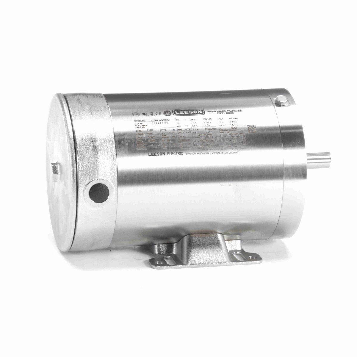 LEESON Premium Duck™ General Purpose Motor, 1 & 0.75 HP, 3 Ph, 60 & 50 Hz, 230/460 & 190/380 V, 3600 & 3000 RPM, 56HC Frame, TENV - 117273.00