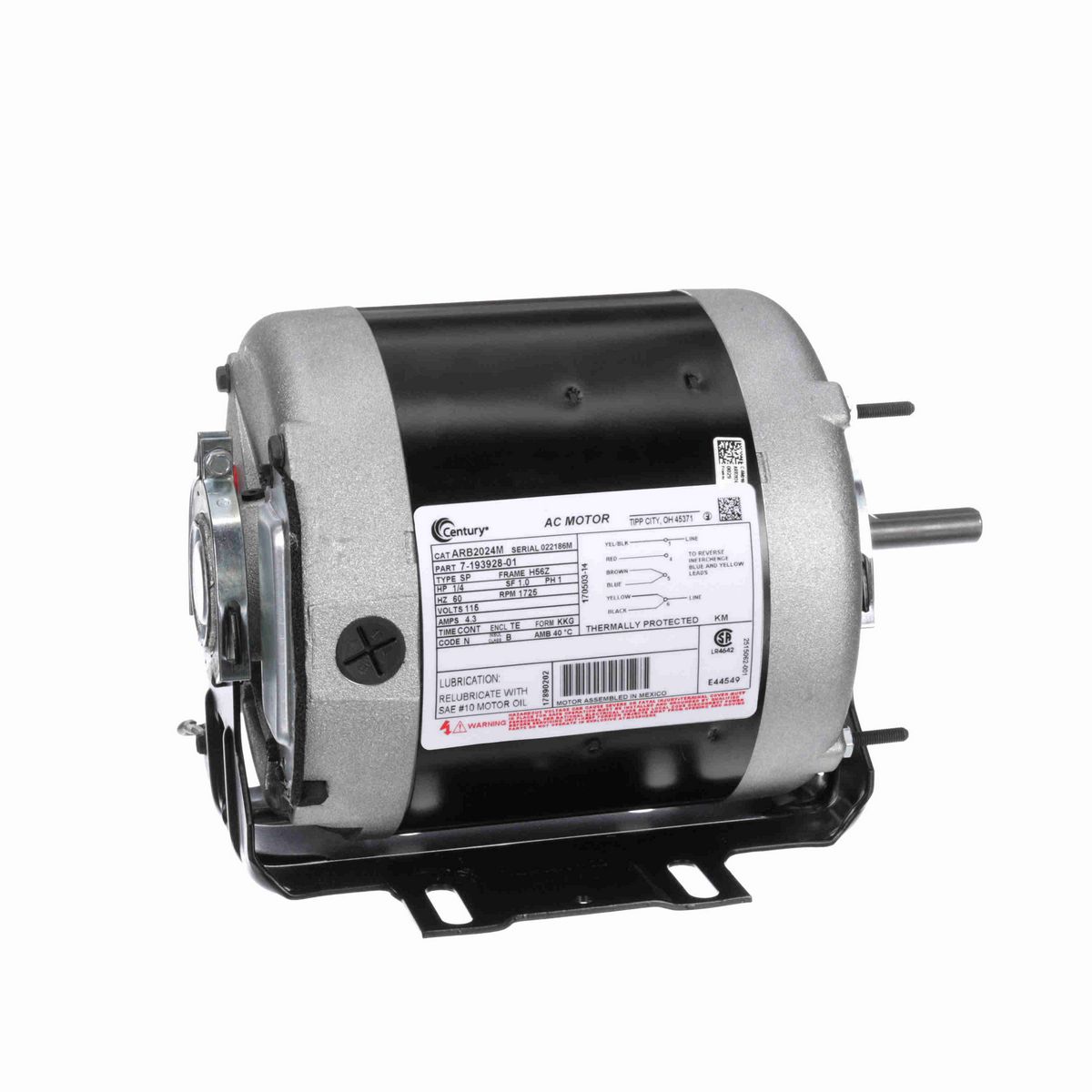 Century Fan and Blower Motor, 1/4 HP, 1 Ph, 60 Hz, 115 V, 1800 RPM, H56Z Frame, TEAO - ARB2024M