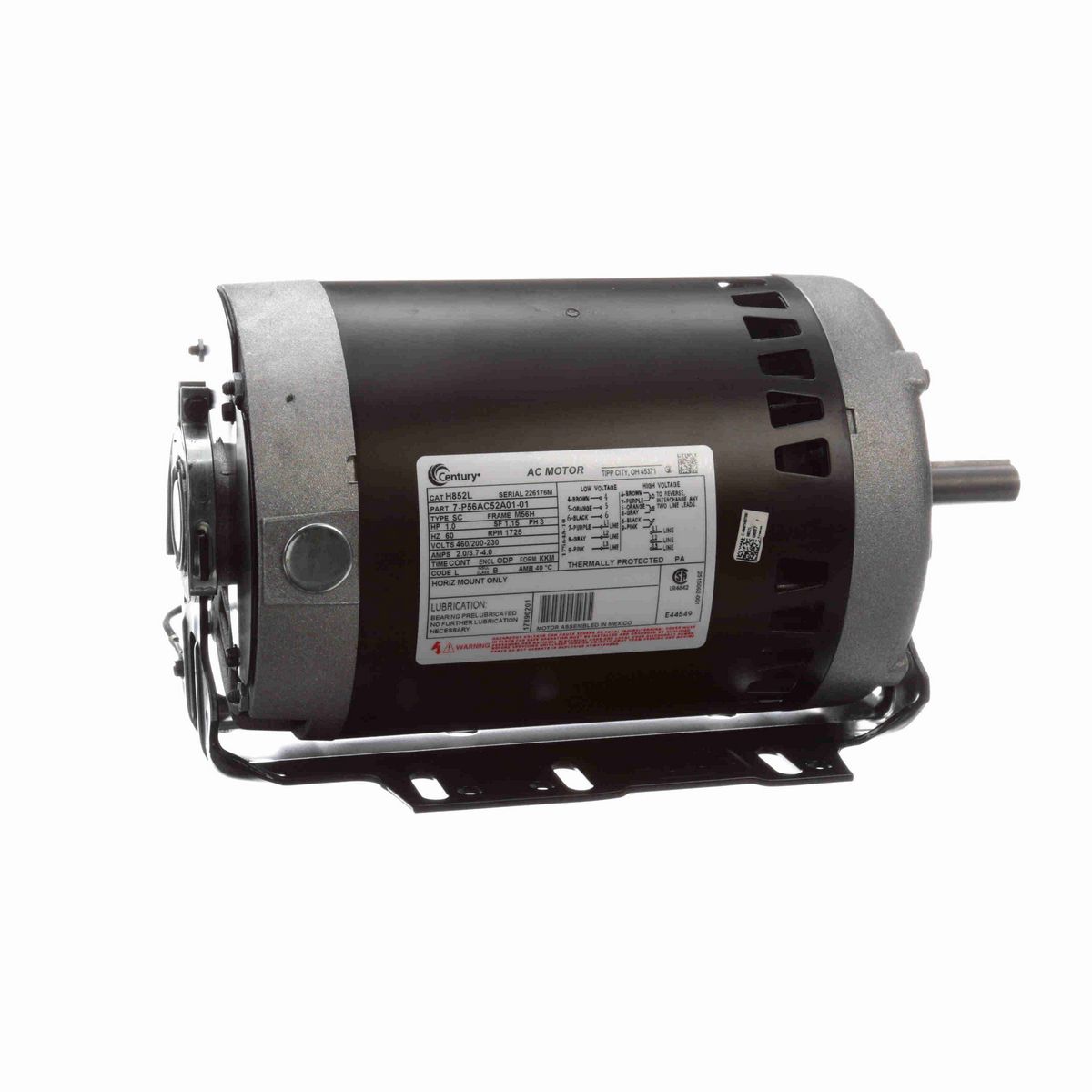 Century Fan and Blower Motor, 1.0 HP, 3 Ph, 60 Hz, 460/200-230 V, 1800 RPM, M56H Frame, ODP - H852L