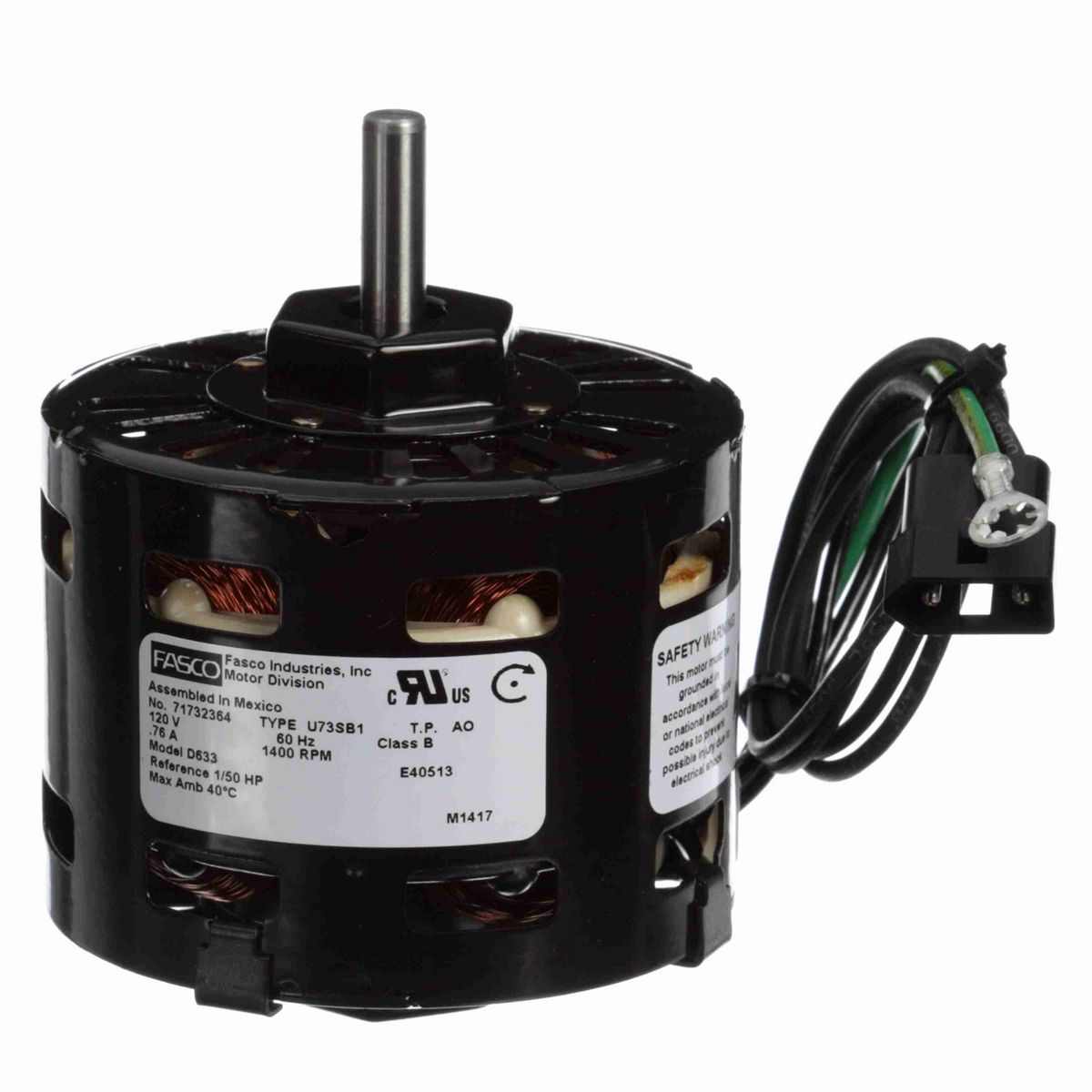 FASCO OEM Replacement Motor, 1/50 HP, 1 Ph, 60 Hz, 120 V, 1400 RPM, 1 Speed, 3.3" Diameter, OAO - D633