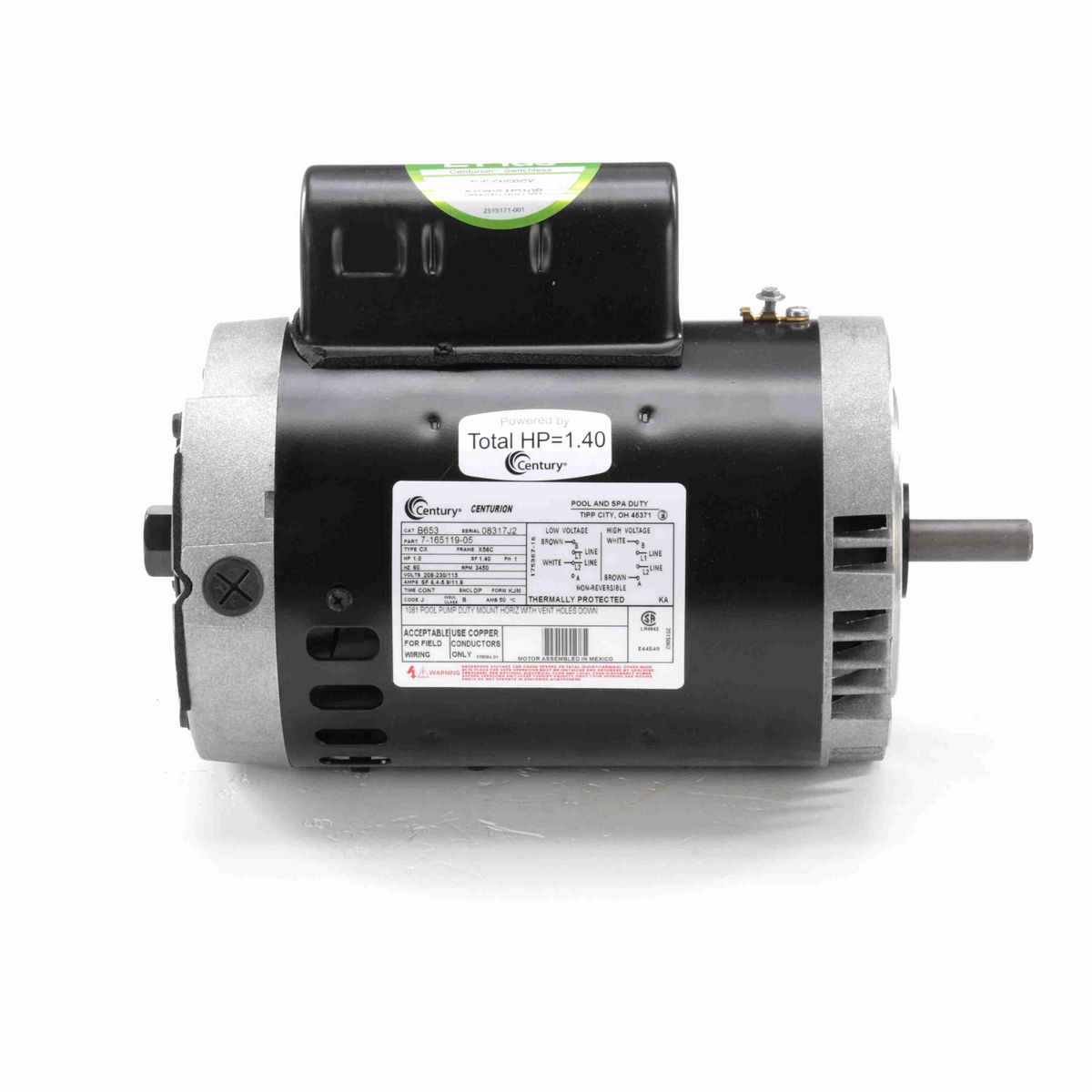 Century Pool Pump Motor, 1.0 HP, 1 Ph, 60 Hz, 208-230/115 V, 3600 RPM, X56C Frame, DP - B653